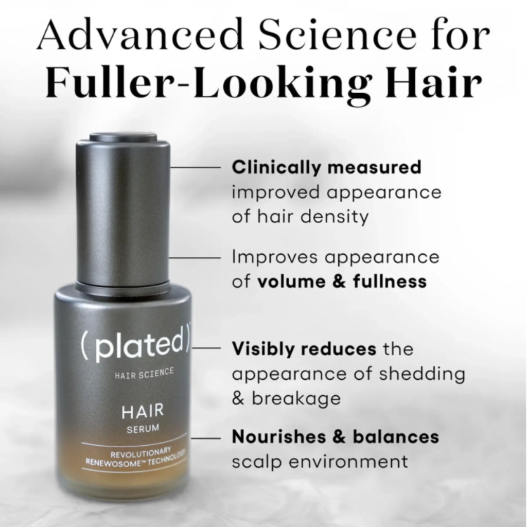 Hair serum bottle with text highlighting its benefits on a light background