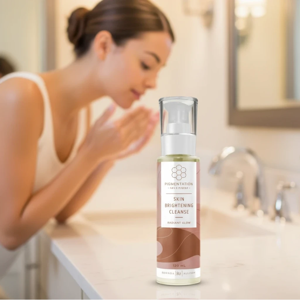 Skincare bottle labeled 'Skin Brightening Cleanse' with brand logo with a woman washing face