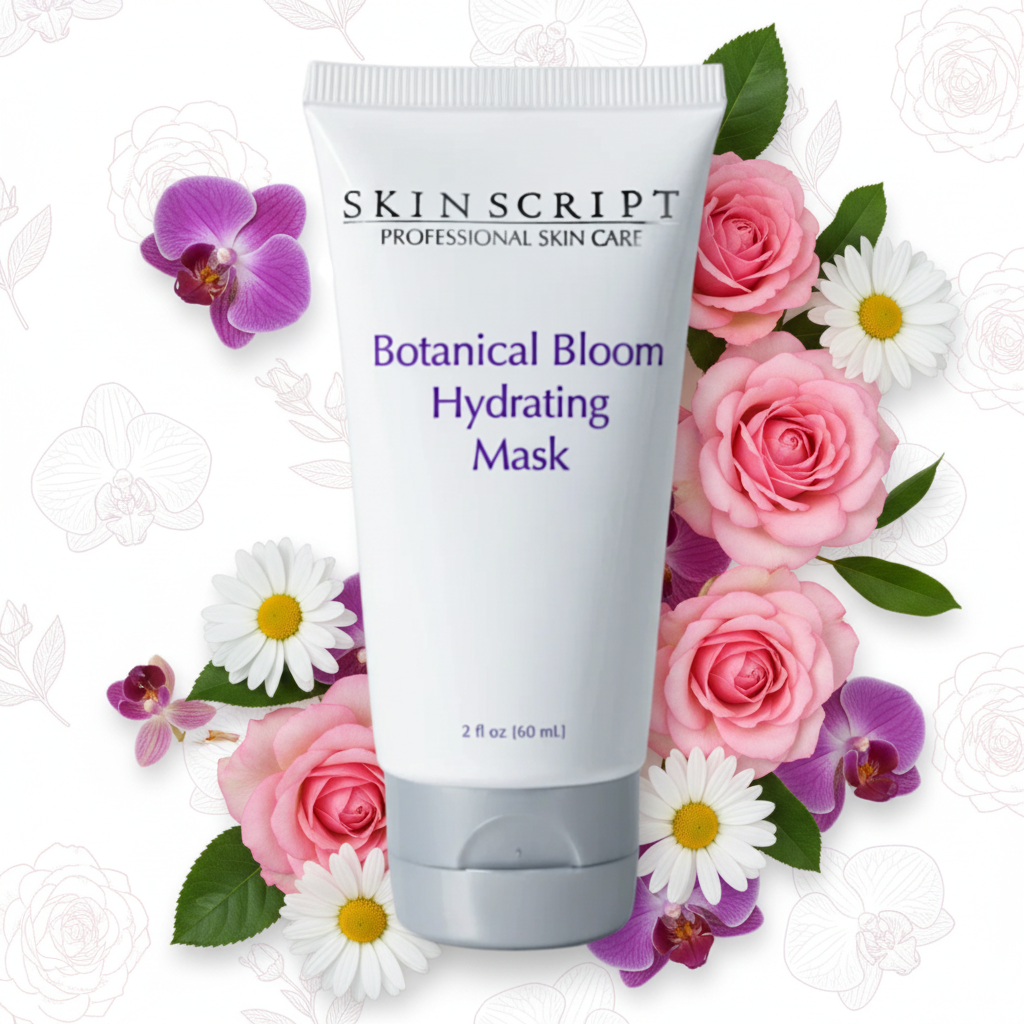 A tube of Skin Script Botanical Bloom Hydrating Mask, 2oz size, with a white and purple label.