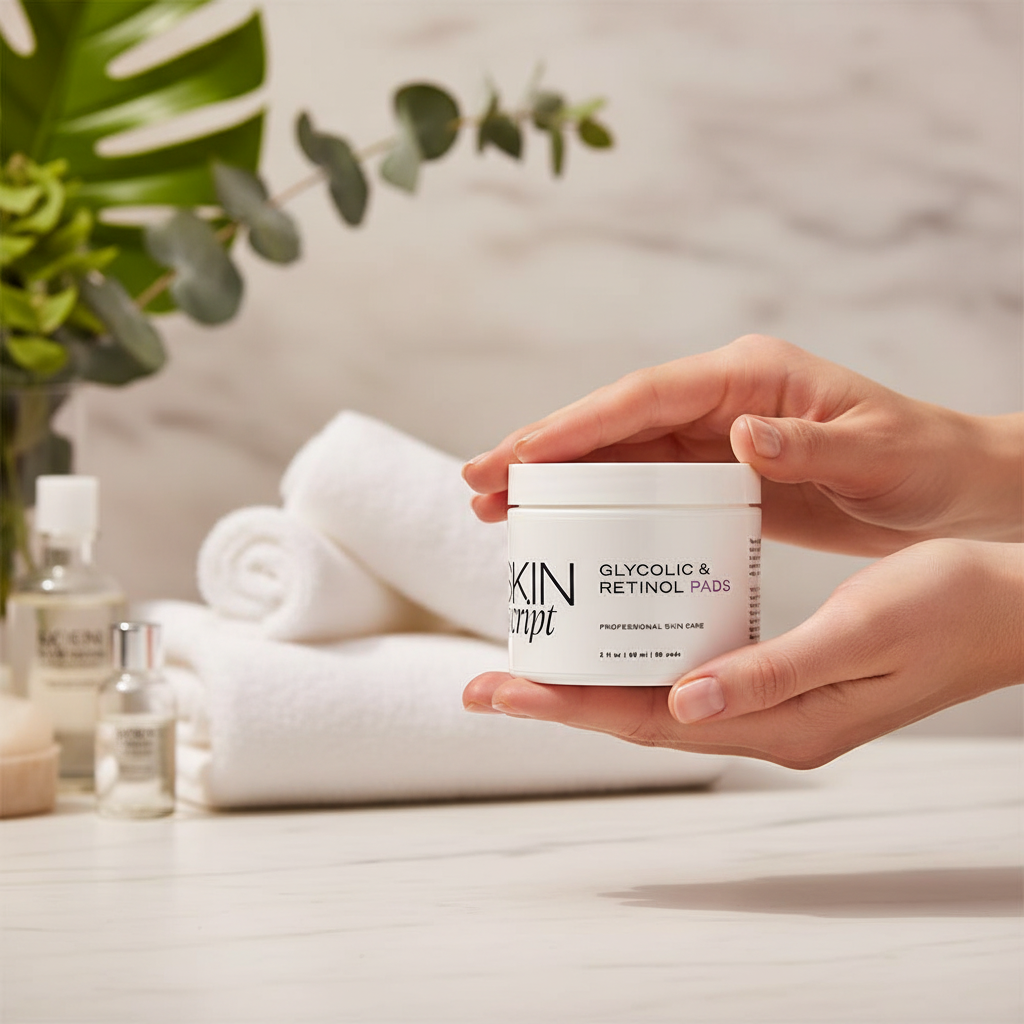 Jar of Skin Script Glycolic & Retinol Pads on a white background