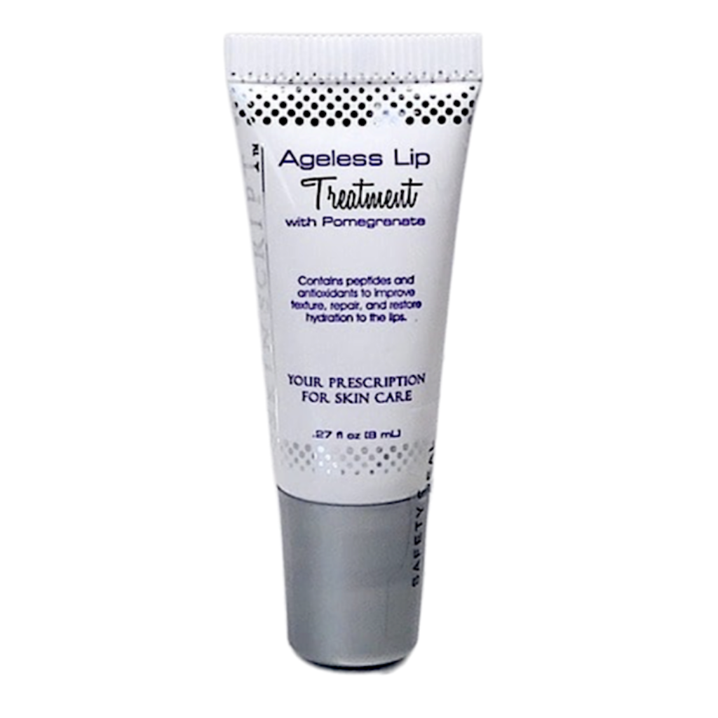 Tube of Skin Script Ageless Lip Treatment, one labeled with Pomegranate, against a white background