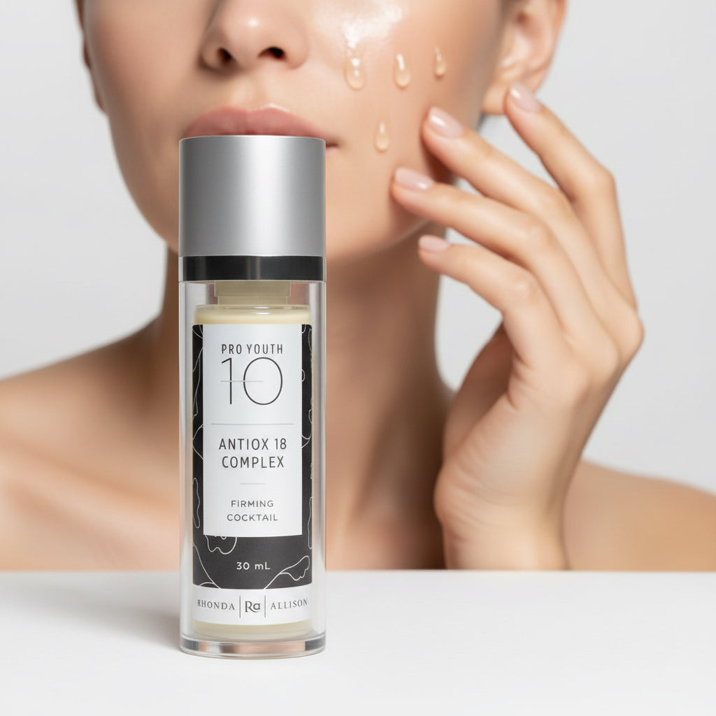 A bottle of Rhonda Allison Antiox 18 Complex serum, primarily in white and clear colors with a label and cap.