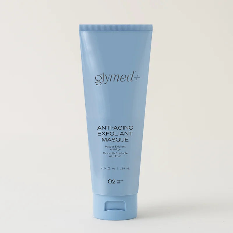 Blue tube of glymed+ Anti-Aging Exfoliant Masque on a white background