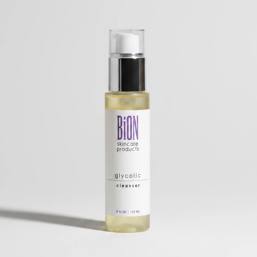 BION Glycolic Cleanser in a 4 fl oz clear bottle with a white label and silver pump dispenser, shown against a plain white background.