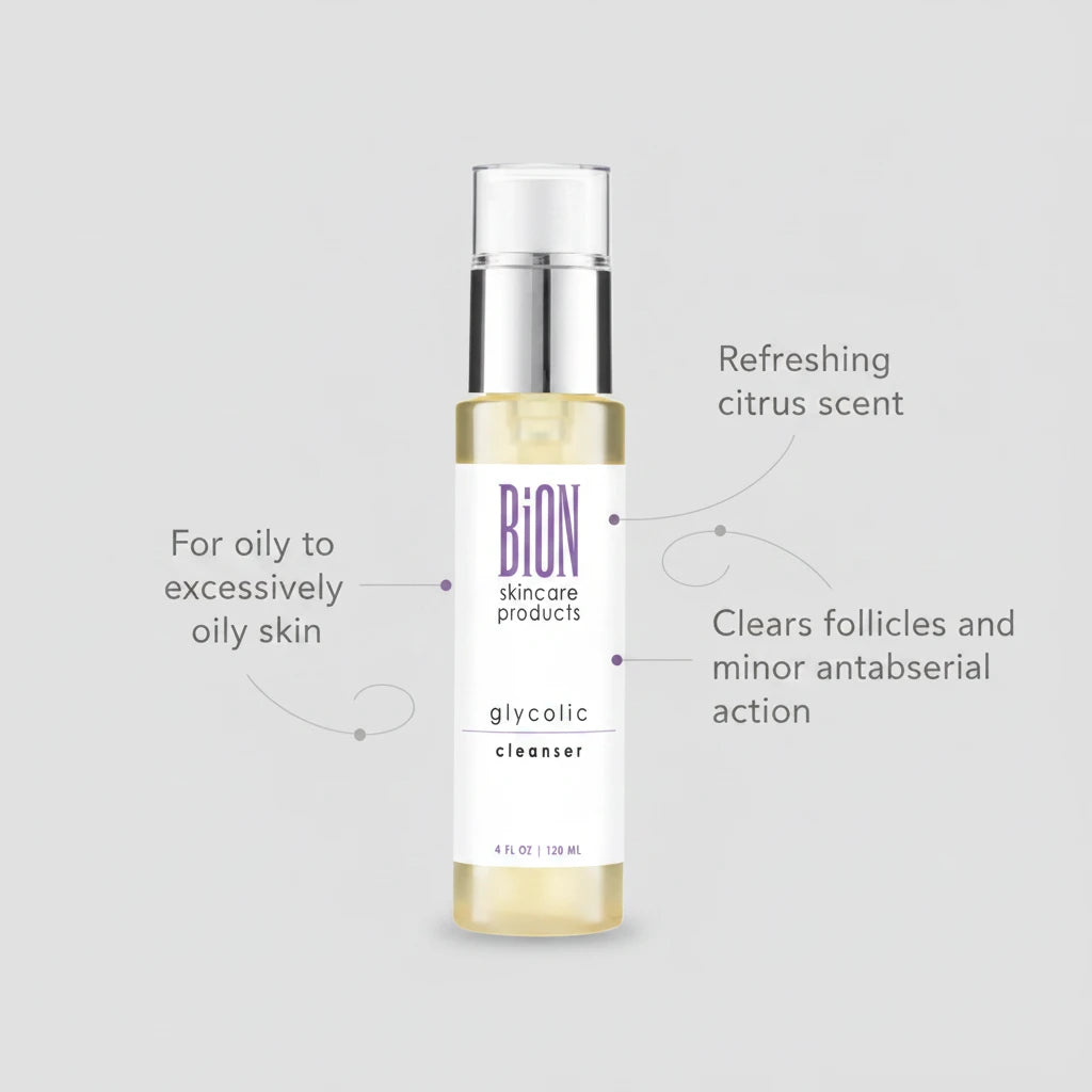 BION Glycolic Cleanser in a 4 fl oz clear bottle with a white label and silver pump dispenser, shown against a light grey background.