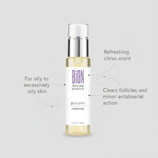 BION Glycolic Cleanser in a 4 fl oz clear bottle with a white label and silver pump dispenser, shown against a light grey background.