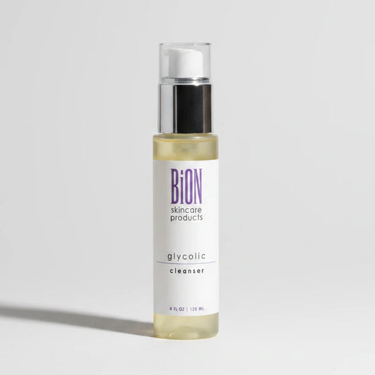 BION Glycolic Cleanser in a 4 fl oz clear bottle with a white label and silver pump dispenser, shown against a plain white background.