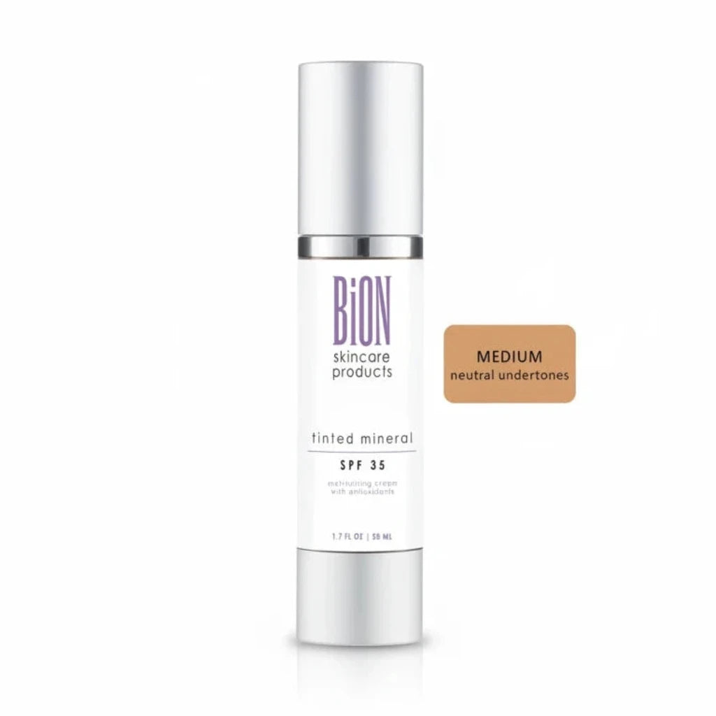 A white cylindrical bottle of Bion Skincare Products tinted mineral SPF 35, shown next to a tan color swatch labeled 'MEDIUM neutral undertones' on a plain white background.