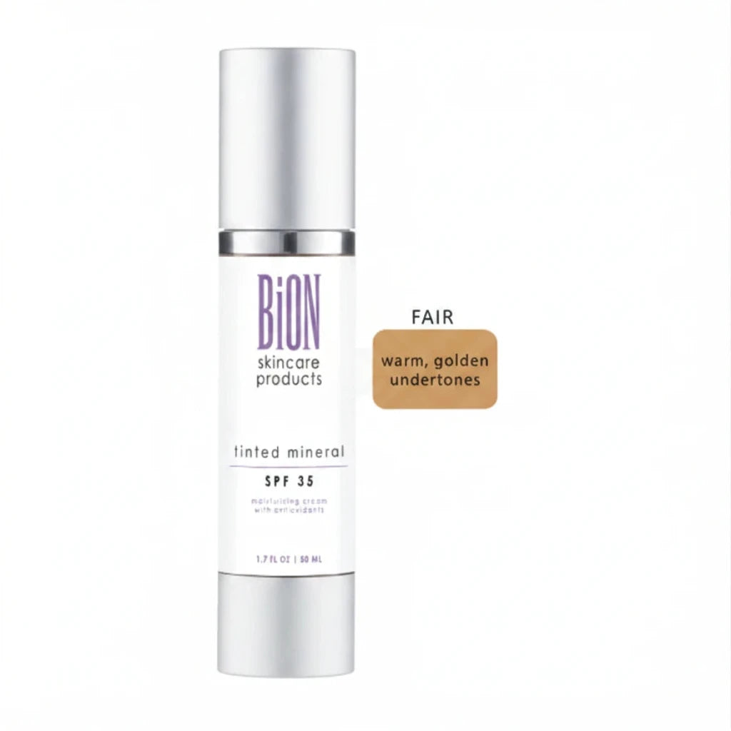 A white cylindrical bottle of Bion Skincare Products tinted mineral SPF 35, shown on a white background with a brown color swatch labeled 'FAIR' and 'warm, golden undertones'.
