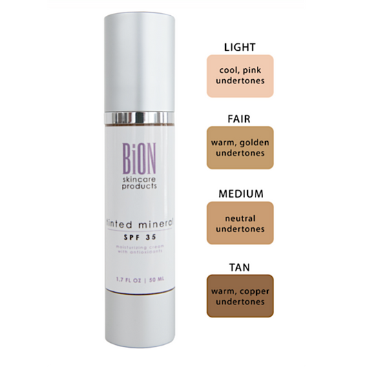A pump bottle of BiON Tinted Mineral Moisturizer SPF 35 with color swatches indicating four shades: Light, Fair, Medium, and Tan.