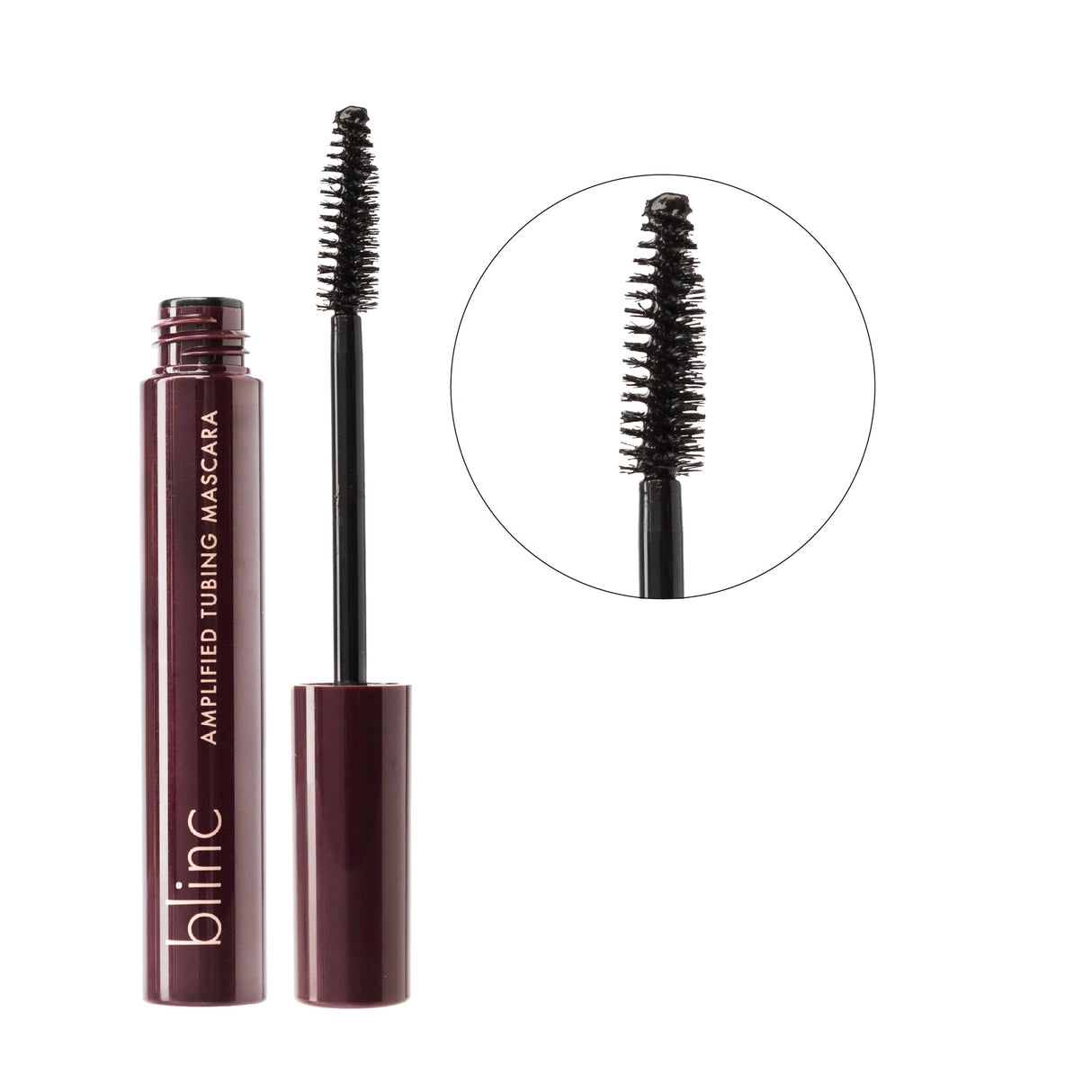 Blink Amplified Tubing Mascara in a deep plum-burgundy shade, shown with the open tube, wand, and a circular close-up of the bristle tip on a white background.