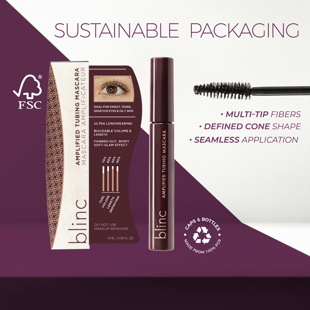 Blinc amplified tubing mascara with packaging on a purple background, featuring FSC certification.
