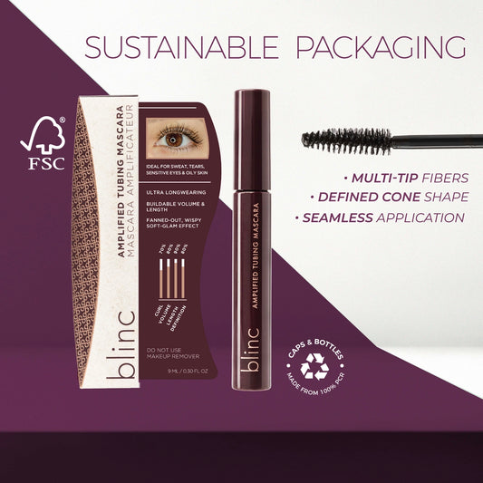 Blinc amplified tubing mascara with packaging on a purple background, featuring FSC certification.