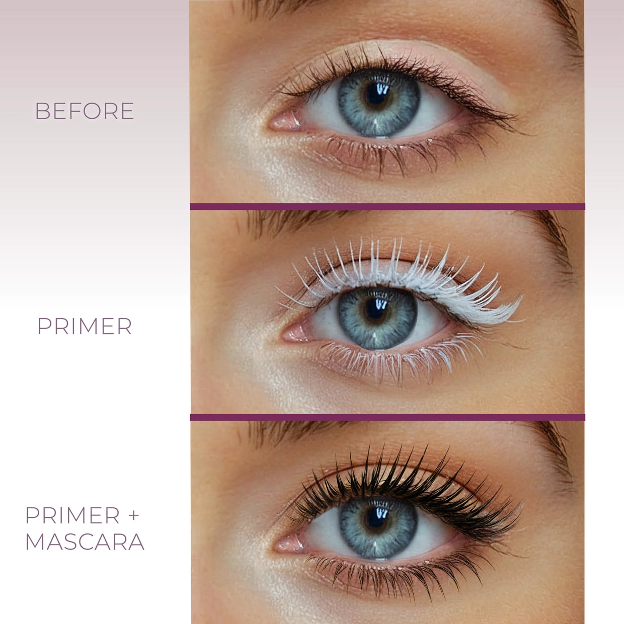 Before and after makeup application on an eye with primer and mascara.