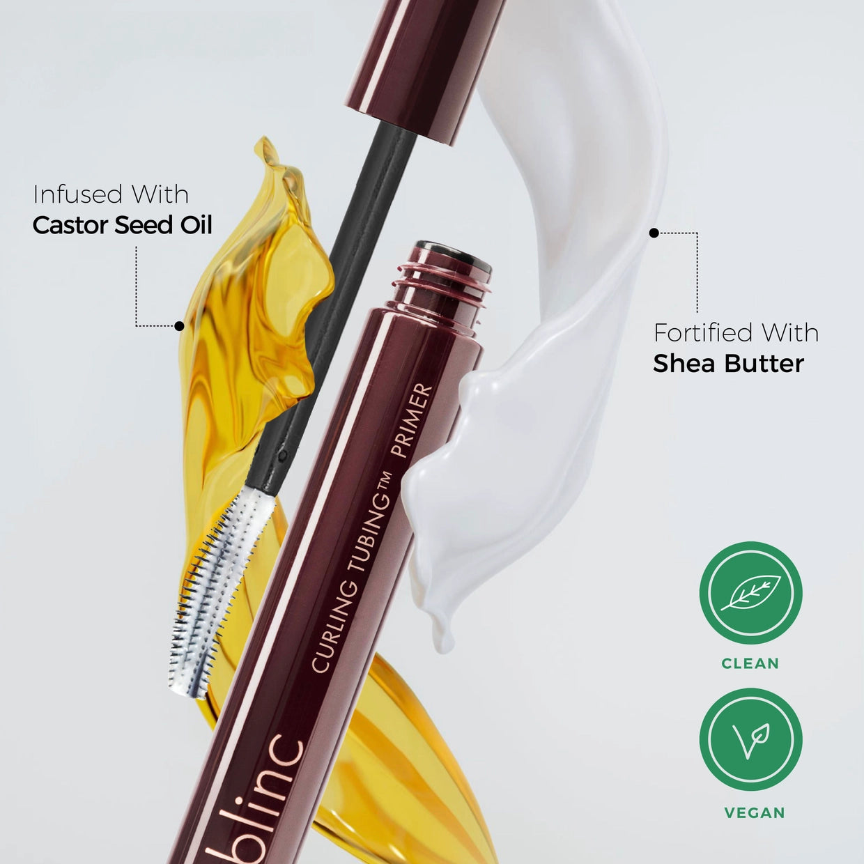 Blinc curling tubing primer with castor seed oil and shea butter on a light gray background