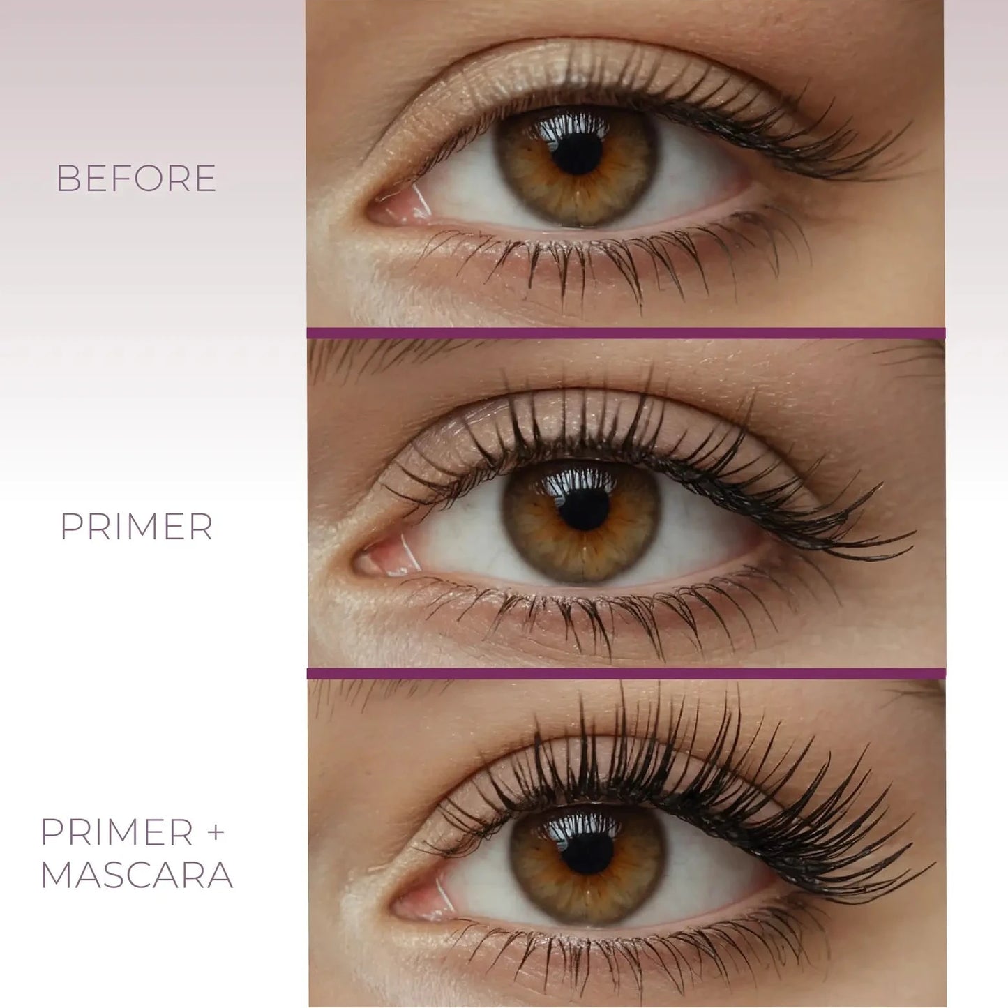 Three close-up eye panels showing eyelash results: a normal eye labeled BEFORE, an enhanced eye labeled PRIMER, and a maximally curled lash eye labeled PRIMER + MASCARA, on a pale pink gradient background.