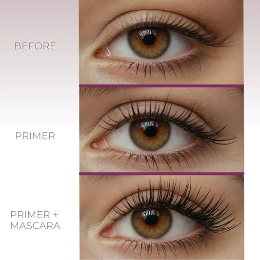 Three close-up eye panels showing eyelash results: a normal eye labeled BEFORE, an enhanced eye labeled PRIMER, and a maximally curled lash eye labeled PRIMER + MASCARA, on a pale pink gradient background.