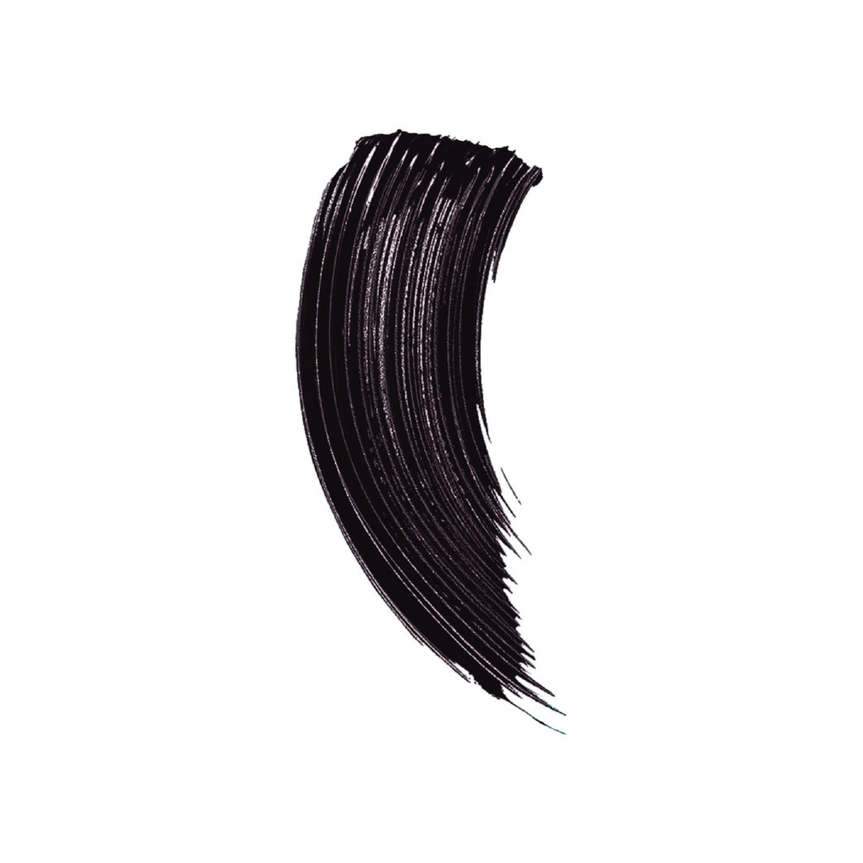 A thick, curved black cosmetic brush stroke showing a glossy, saturated color on a solid white background.