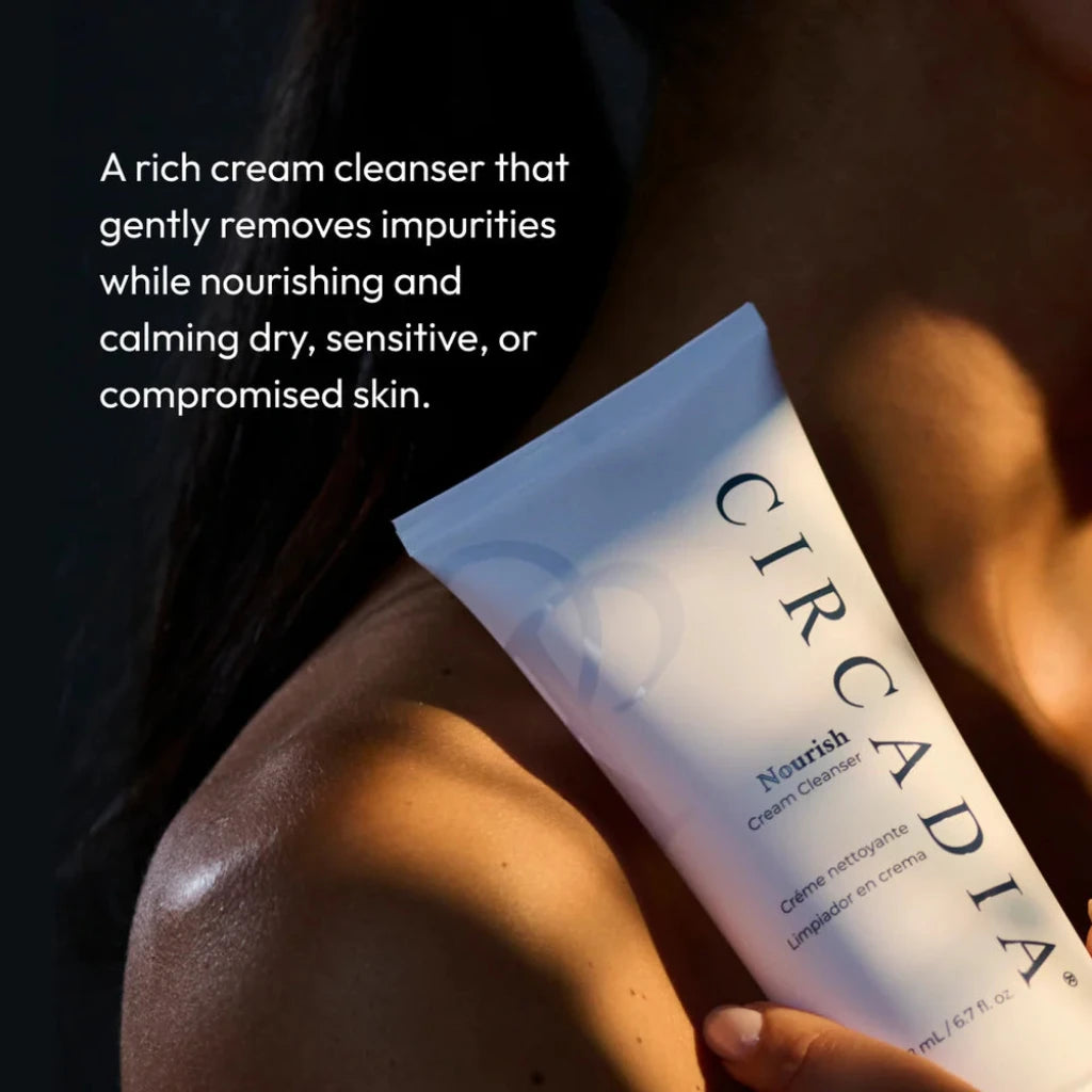Circadia Nourish Cream Cleanser being held with text about skin care benefits