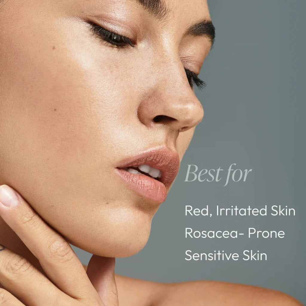 Close-up of a woman's face with text indicating product suitability for red, irritated, rosacea-prone, and sensitive skin.