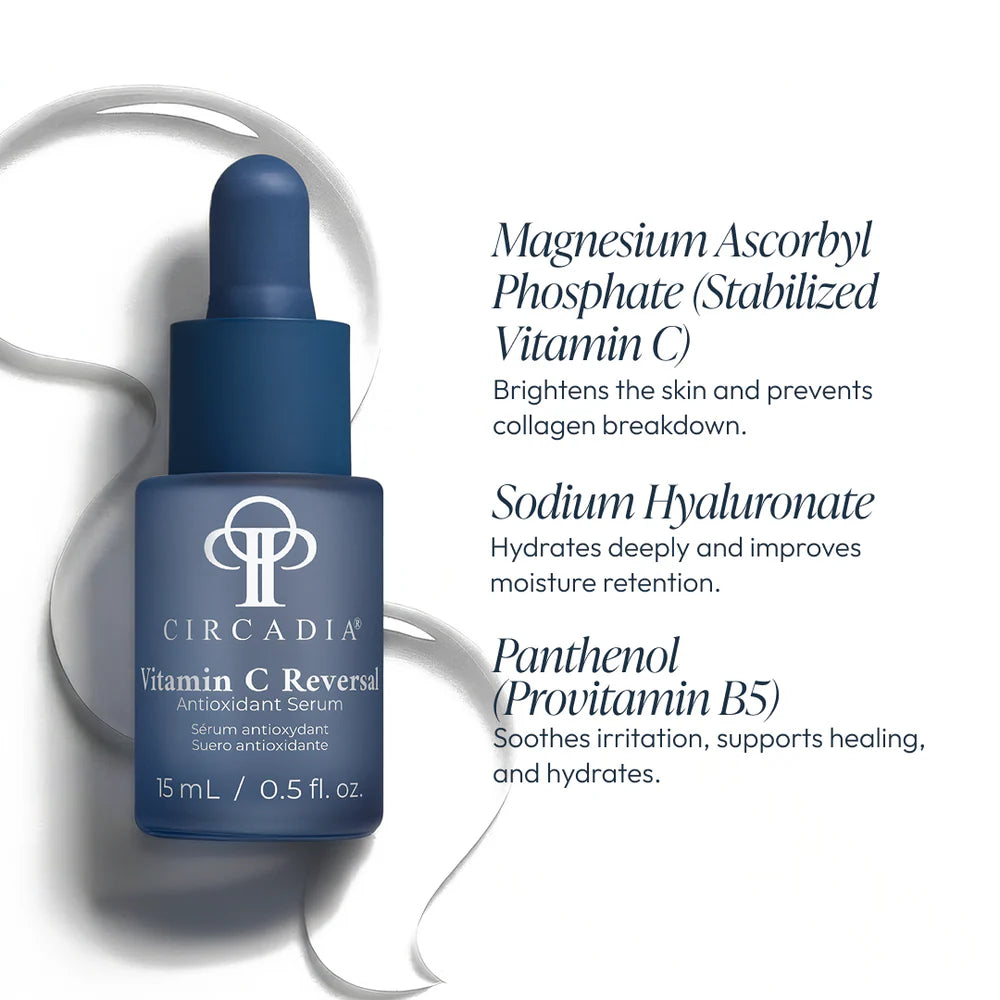 Circadia Vitamin C Reversal serum bottle with product details on a white background