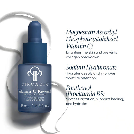 Circadia Vitamin C Reversal serum bottle with product details on a white background
