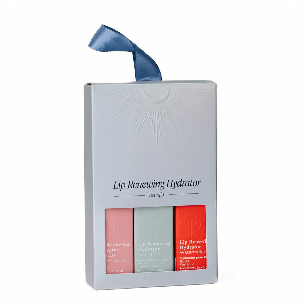 Lip Renewing Hydrator Set of 3 gift box, featuring three lip balm sticks in pink, sage green, and coral red, with a blue ribbon on a white background.