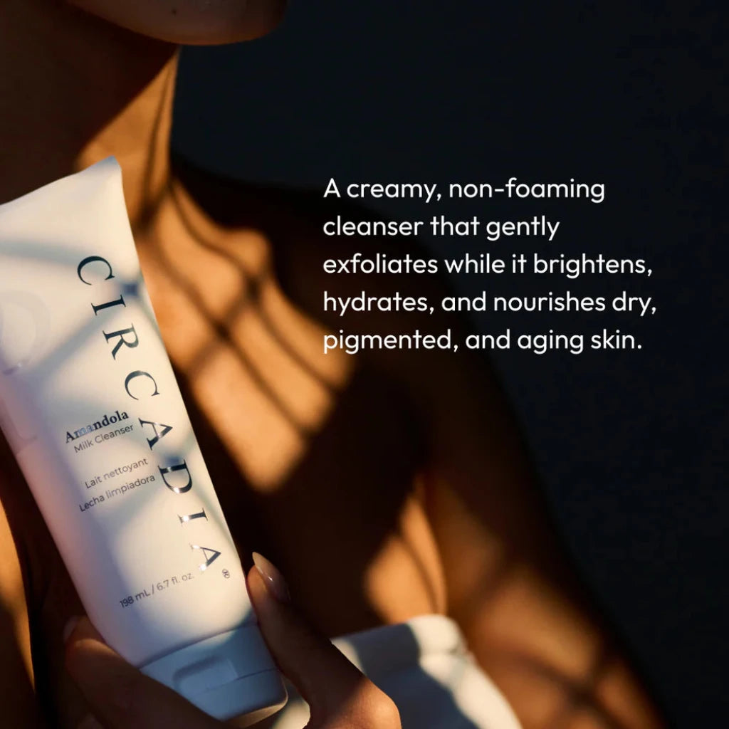 Circadia cleanser bottle held by a hand with text about product benefits.