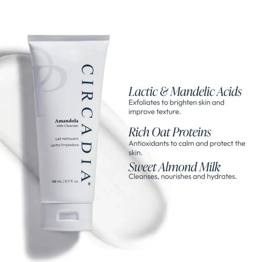 Circadia skincare product with text detailing ingredients and benefits on a white background