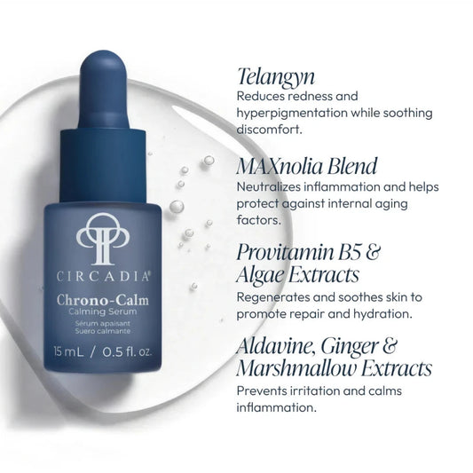 Circadia Chrono-Calm serum bottle with product details on a white background