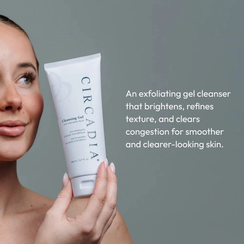 Circadia exfoliating gel cleanser tube held by a person with product description text on a gray background