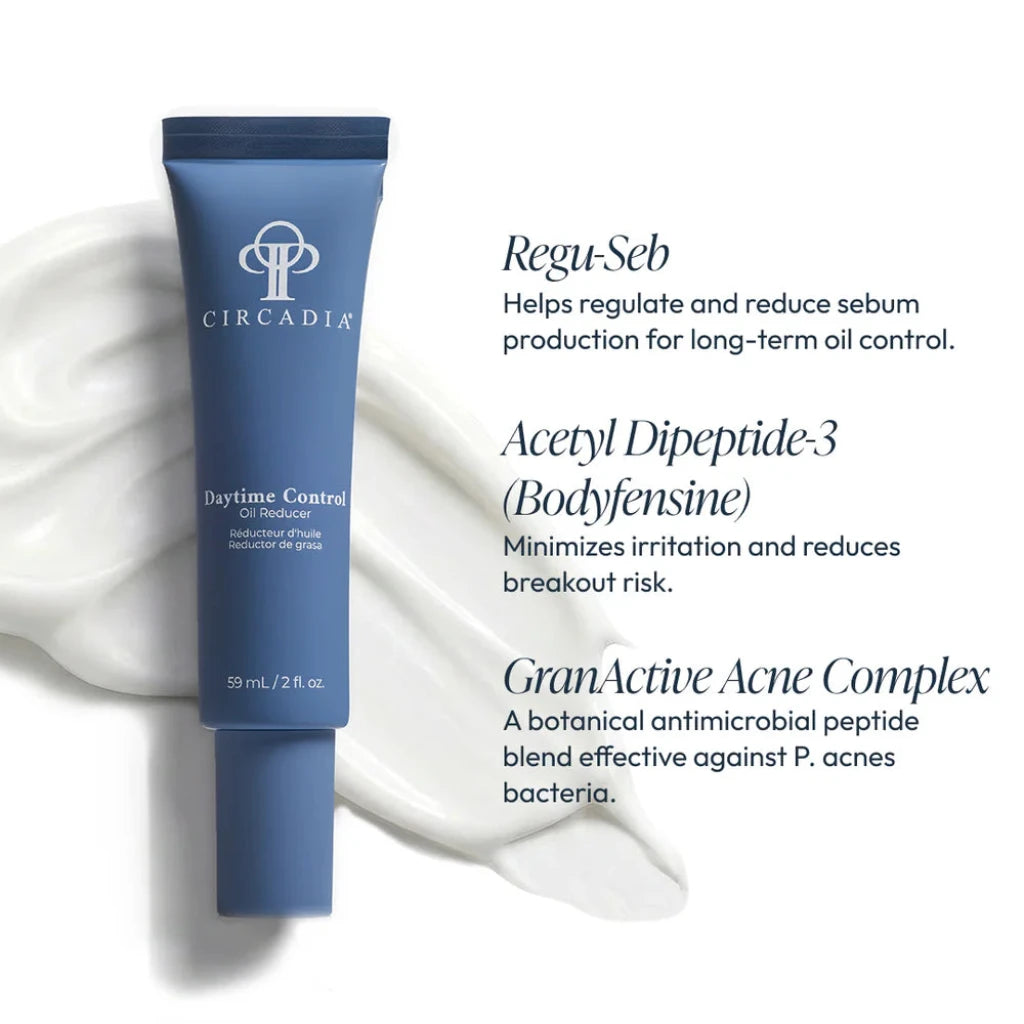 blue tube of Circadia Daytime Control Oil Reducer  on a creamy background
