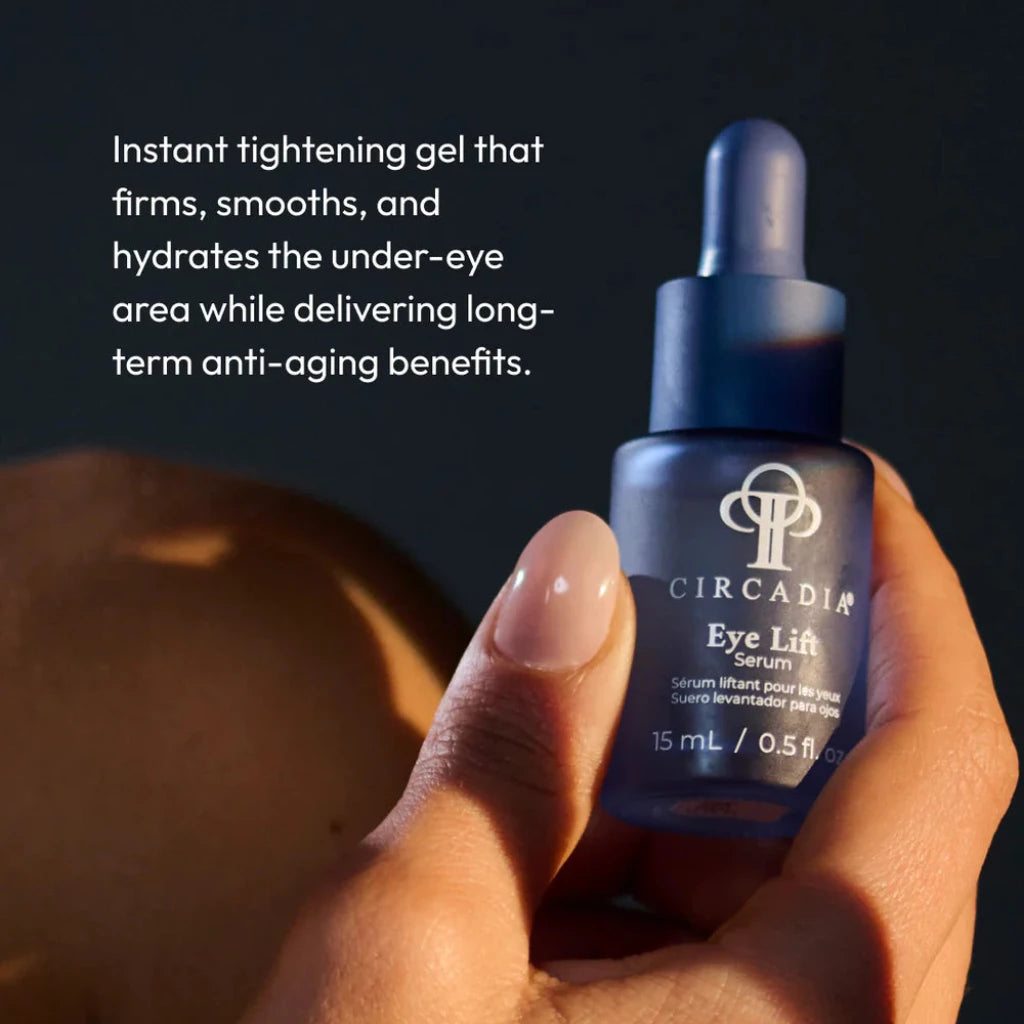 Circadia Eye Lift Serum with hand model photo on a dark background 