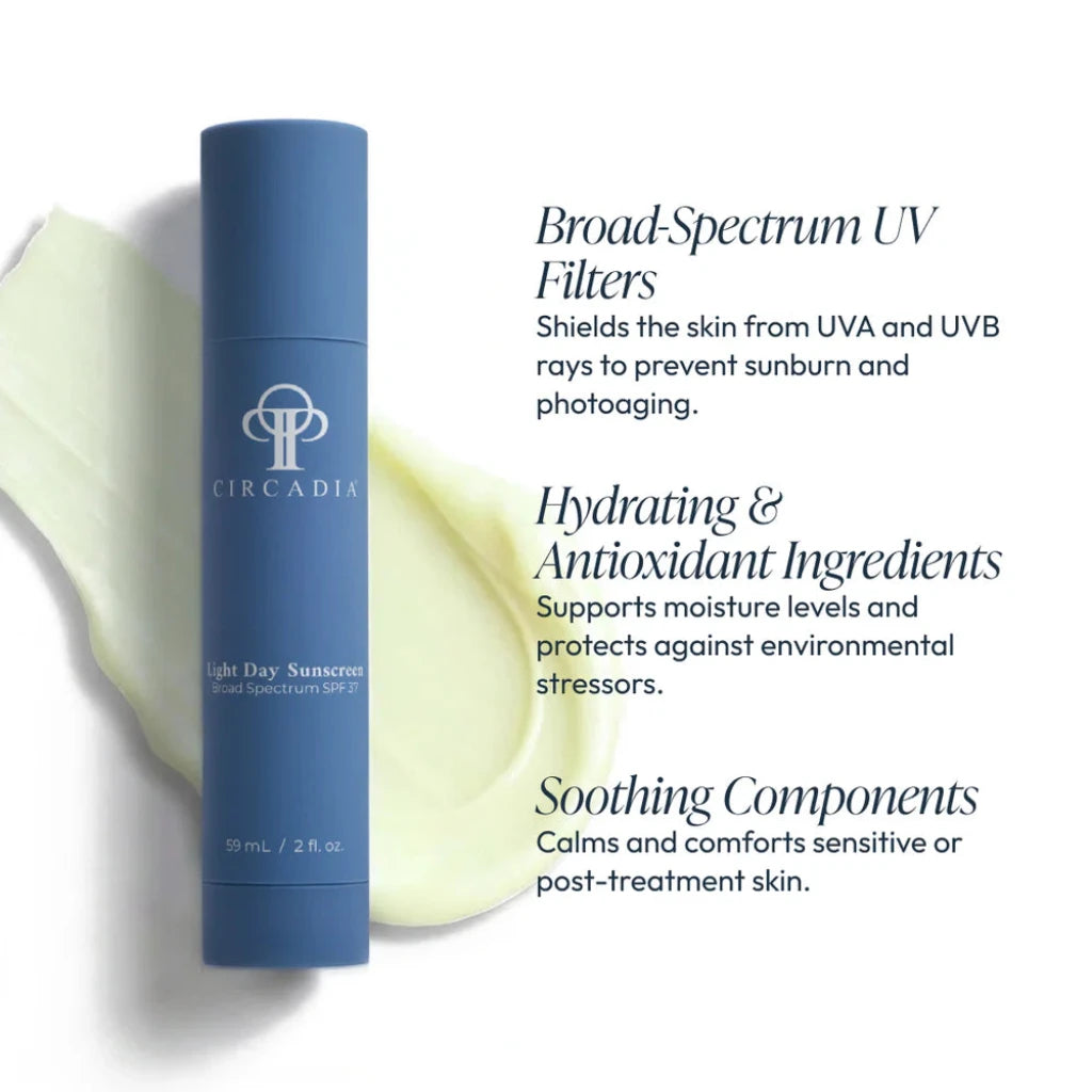 Circadia sunscreen bottle with product features text on a white background