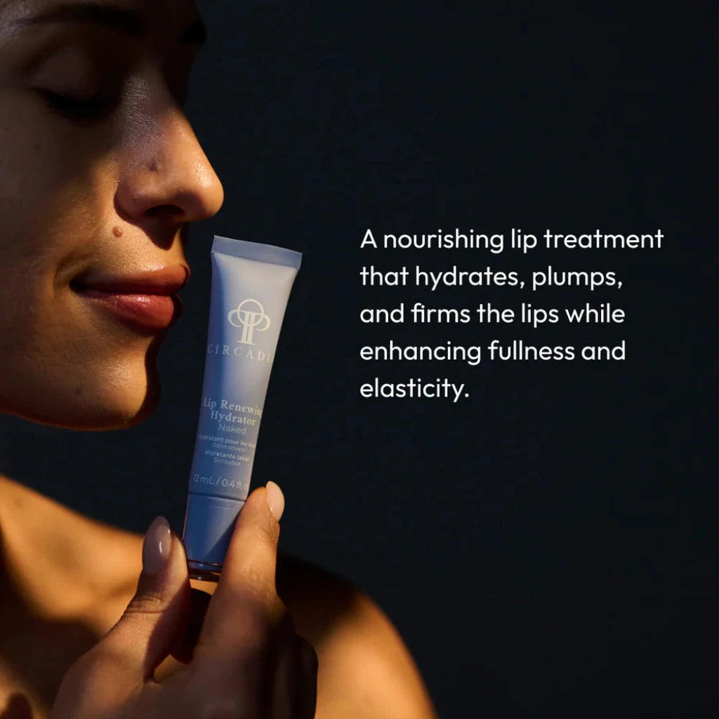 Lip treatment tube held by a person with product description text on a dark background