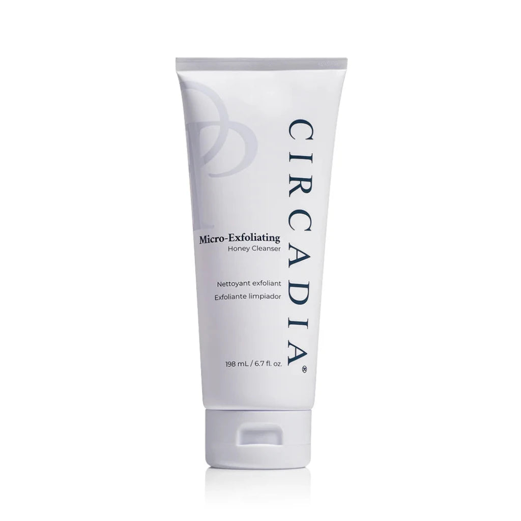 A white squeeze tube of Circadia Micro-Exfoliating Honey Cleanser with black text and a subtle gray logo, set against a plain white background.