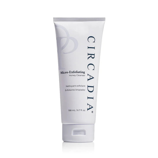 A white squeeze tube of Circadia Micro-Exfoliating Honey Cleanser with black text and a subtle gray logo, set against a plain white background.