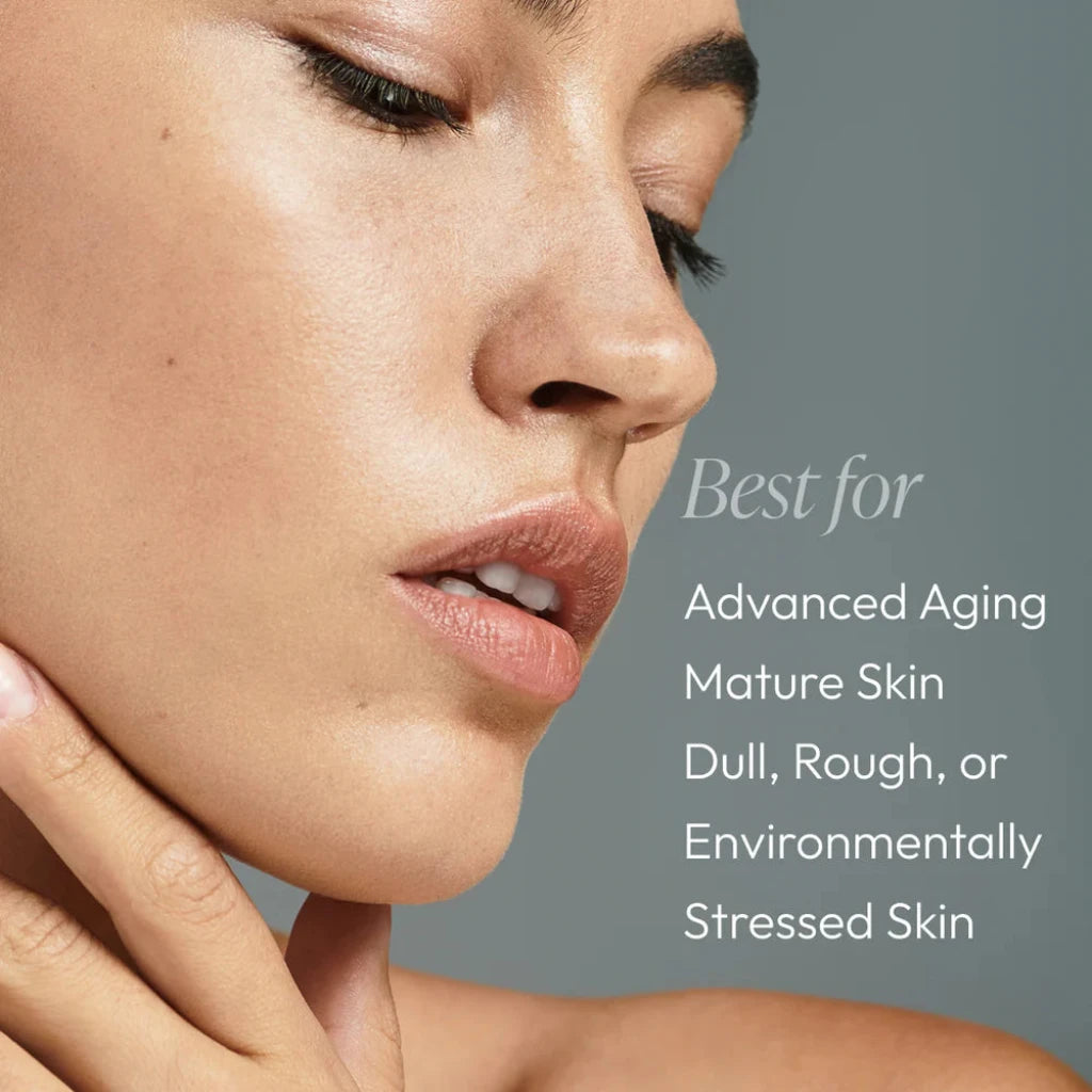 Close-up of a woman's face with text about skincare benefits on a gray background