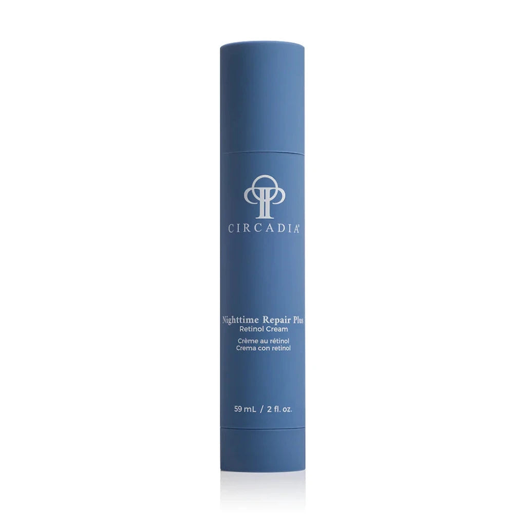 Blue cylindrical skincare bottle with Circadia logo on a white background