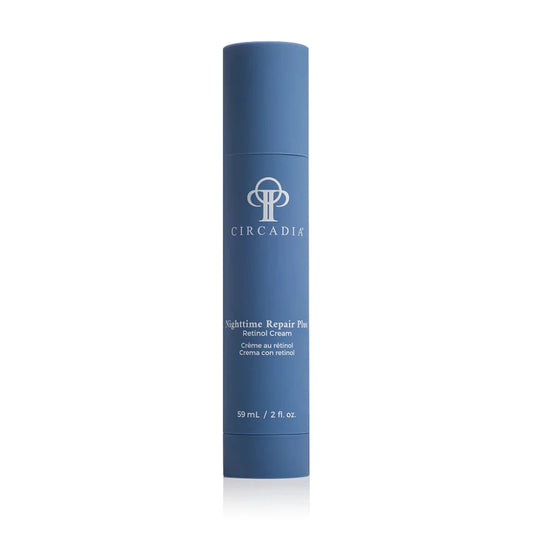 Blue cylindrical skincare bottle with Circadia logo on a white background