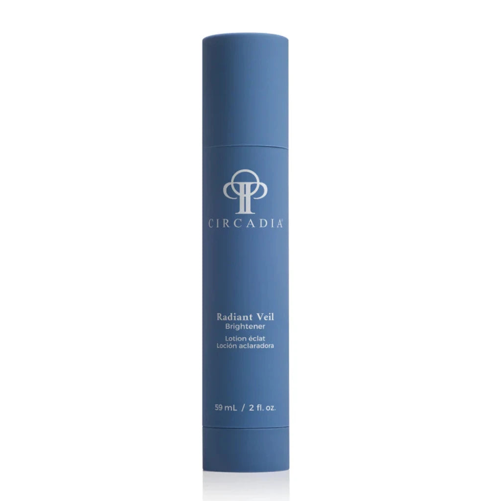 Blue cylinder bottle labeled Circadia Radiant Veil Brightener on a white background.