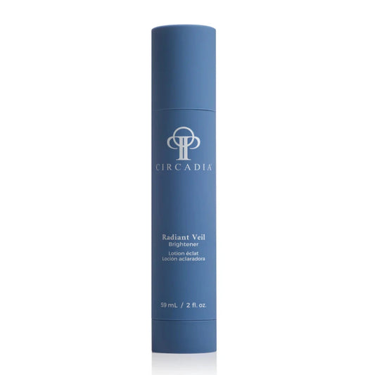 Blue cylinder bottle labeled Circadia Radiant Veil Brightener on a white background.