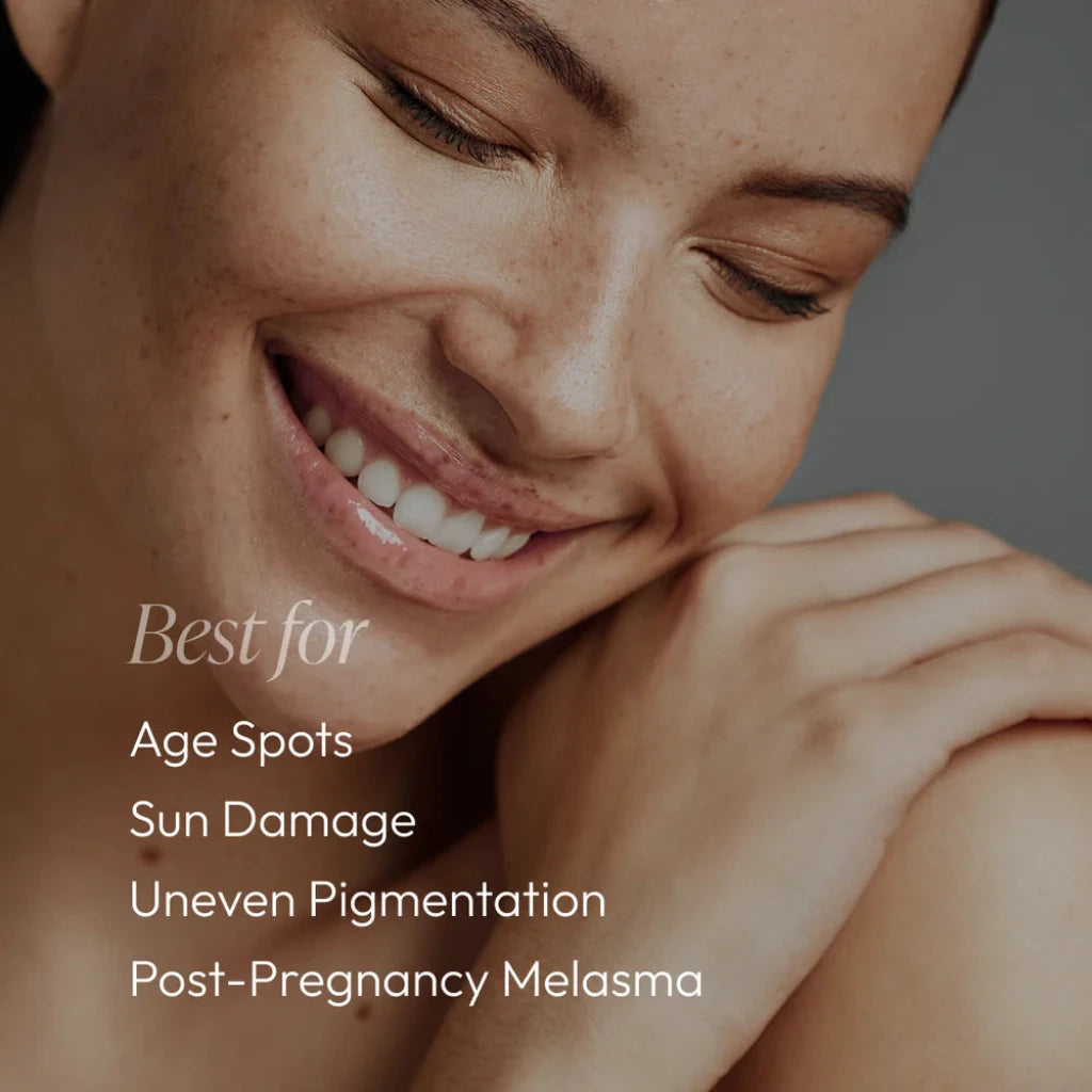Woman with a smile, text indicating Circadia Radiant Veil Brightener  benefits for skin concerns.