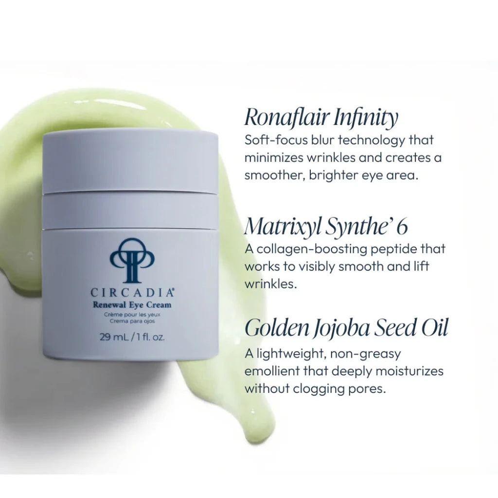 Circadia Renewal Eye Cream with text on light blue background