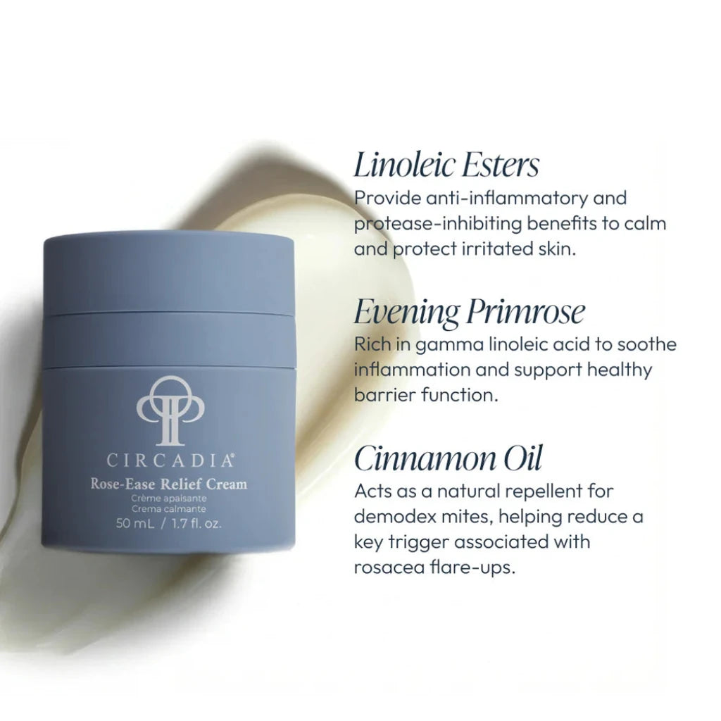 Circadia Rose Ease Relief Cream jar with text about Linoleic Esters, Evening Primrose, and Cinnamon Oil on a white background