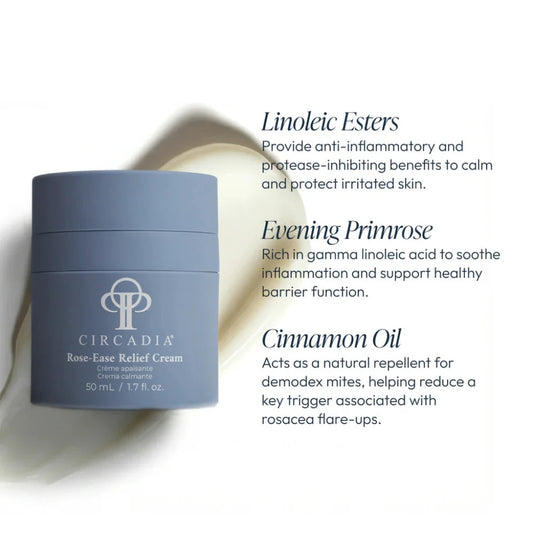 Circadia Rose Ease Relief Cream jar with text about Linoleic Esters, Evening Primrose, and Cinnamon Oil on a white background