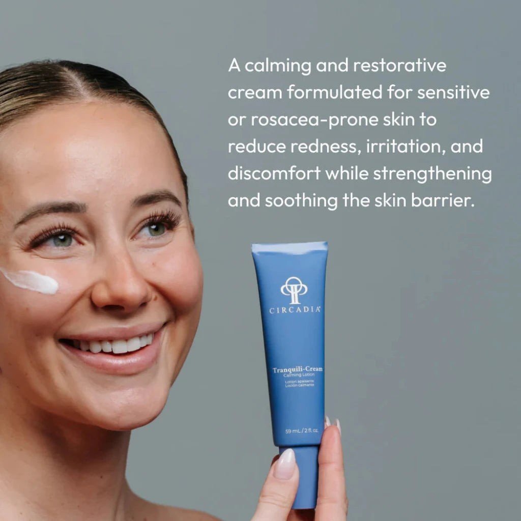Woman with a skincare product and text about calming and restorative cream for sensitive skin.