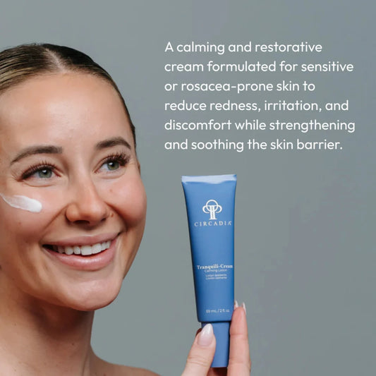 Woman with a skincare product and text about calming and restorative cream for sensitive skin.