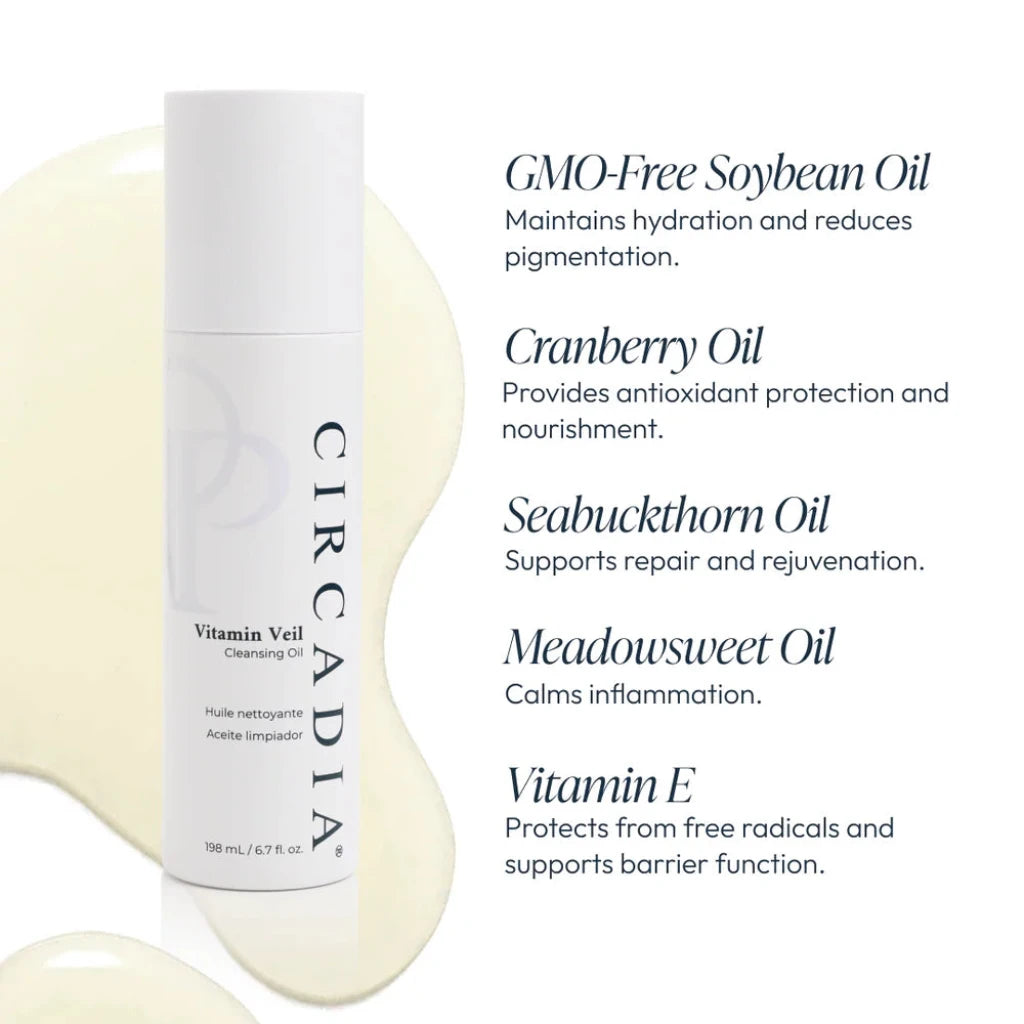 Circadia Vitamin Veil Cleansing Oil with oil types listed on a white background