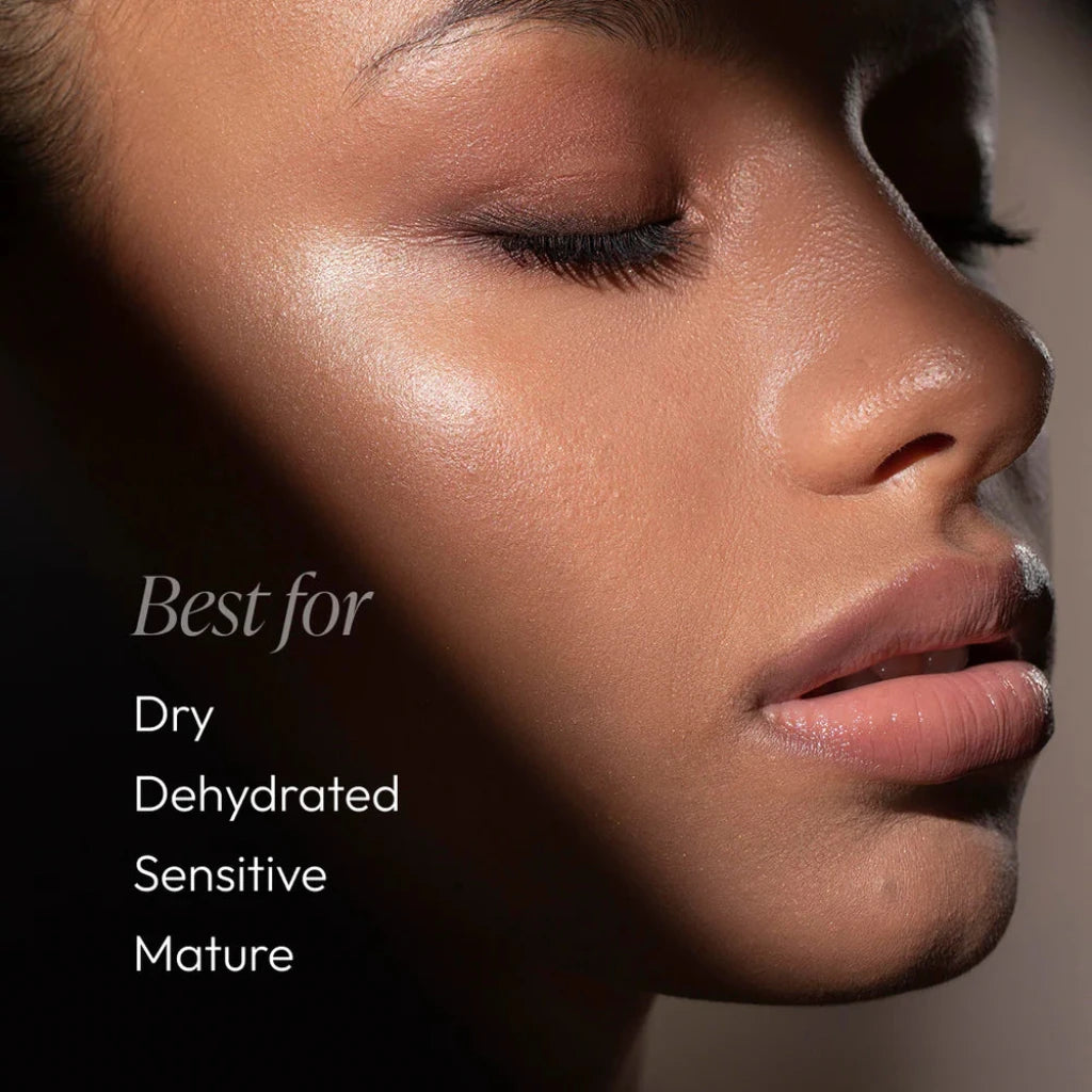 Close-up of a person's face with text indicating product suitability for dry, dehydrated, sensitive, and mature skin.